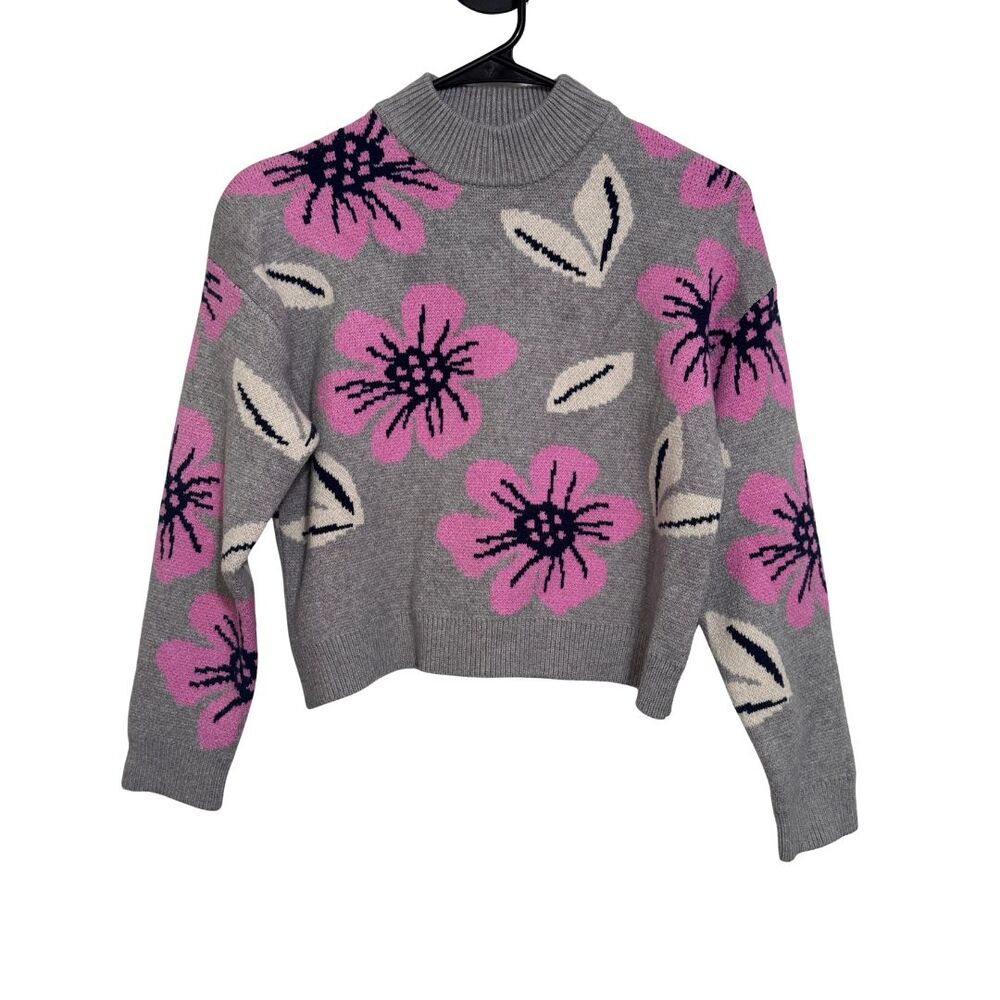 THML Cropped Sweater XS Gray Pink Floral Mock Neck Knit EUC